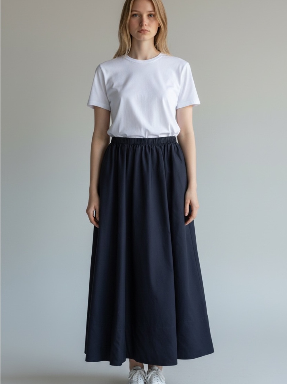 Quince 100% Organic Cotton Navy Elastic-Waist Maxi Skirt
